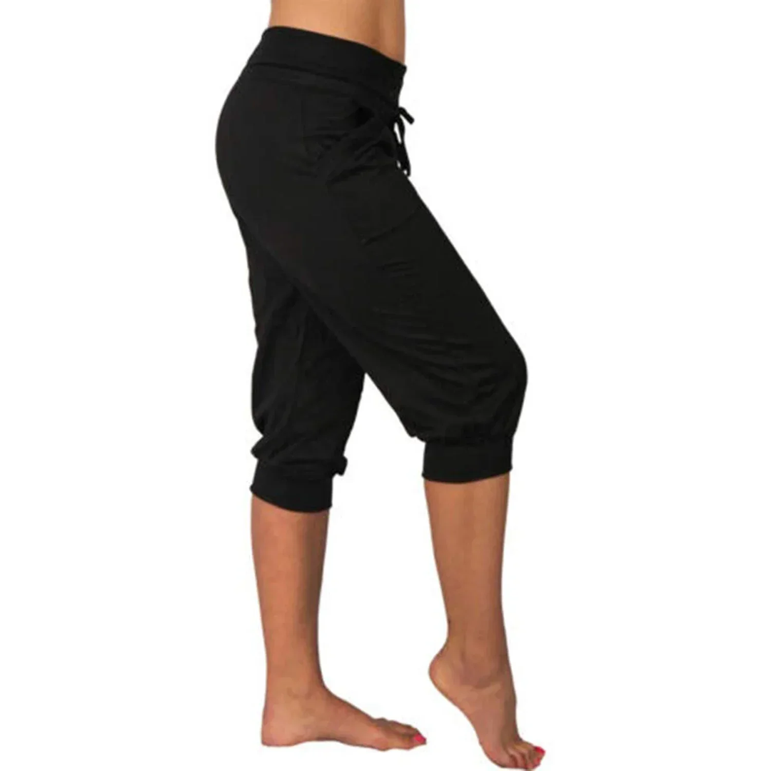 Womens Capri Trousers with Drawstring Waist Relaxed Fit