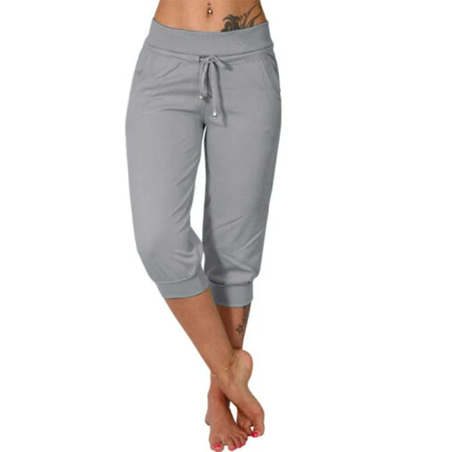 Womens Capri Trousers with Drawstring Waist Relaxed Fit