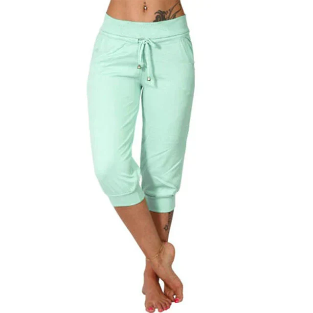 Womens Capri Trousers with Drawstring Waist Relaxed Fit