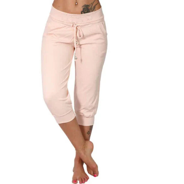 Womens Capri Trousers with Drawstring Waist Relaxed Fit