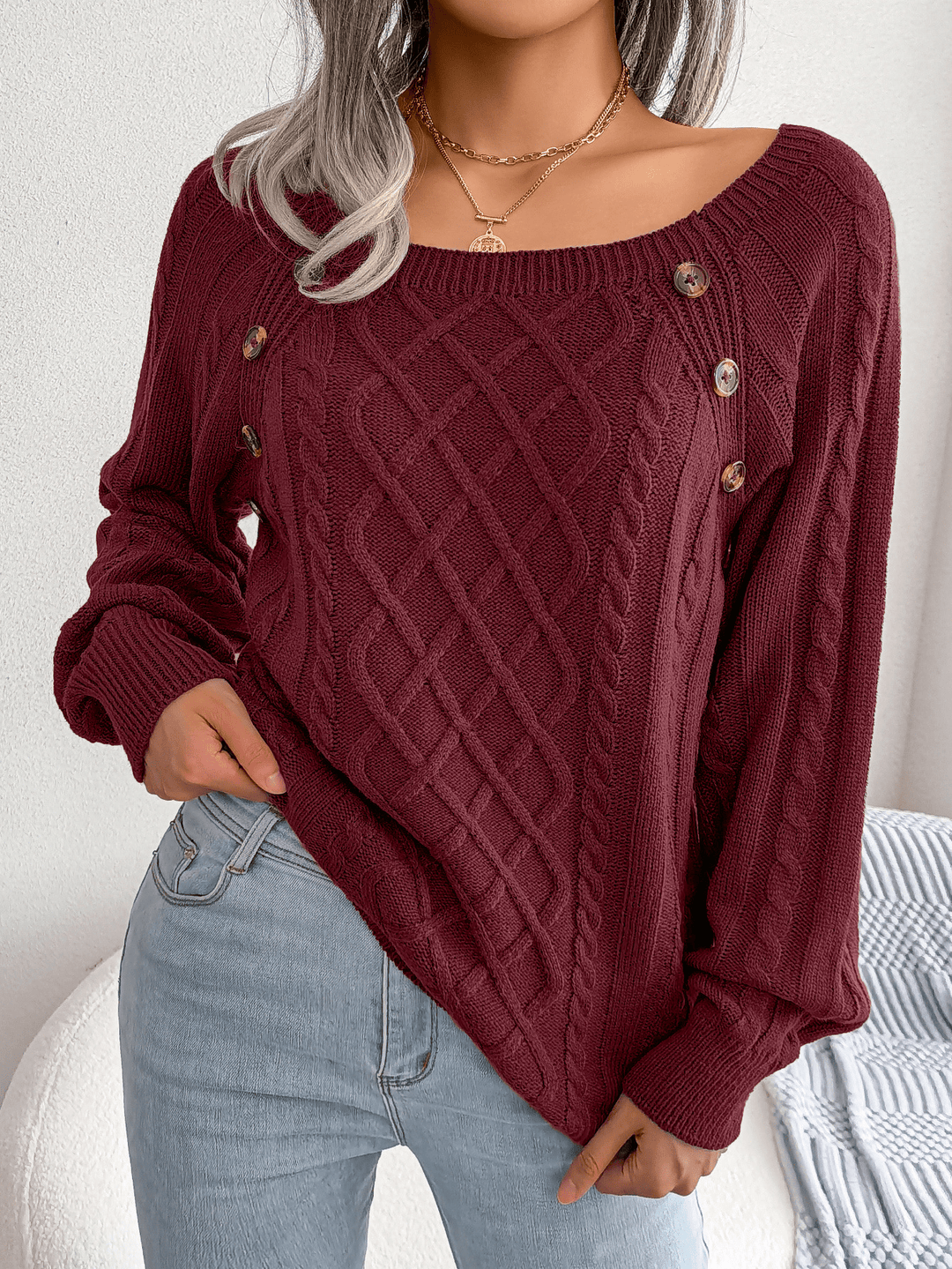 Womens Cable Knit Sweater Wool Blend Button Detail