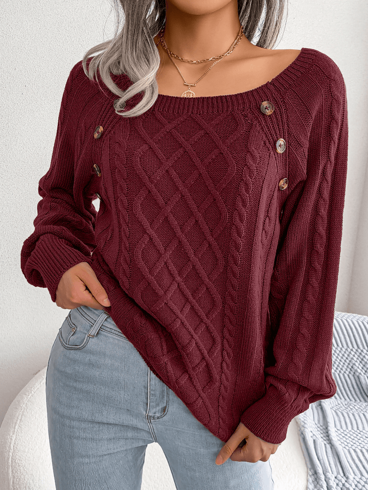 Womens Cable Knit Sweater Wool Blend Button Detail