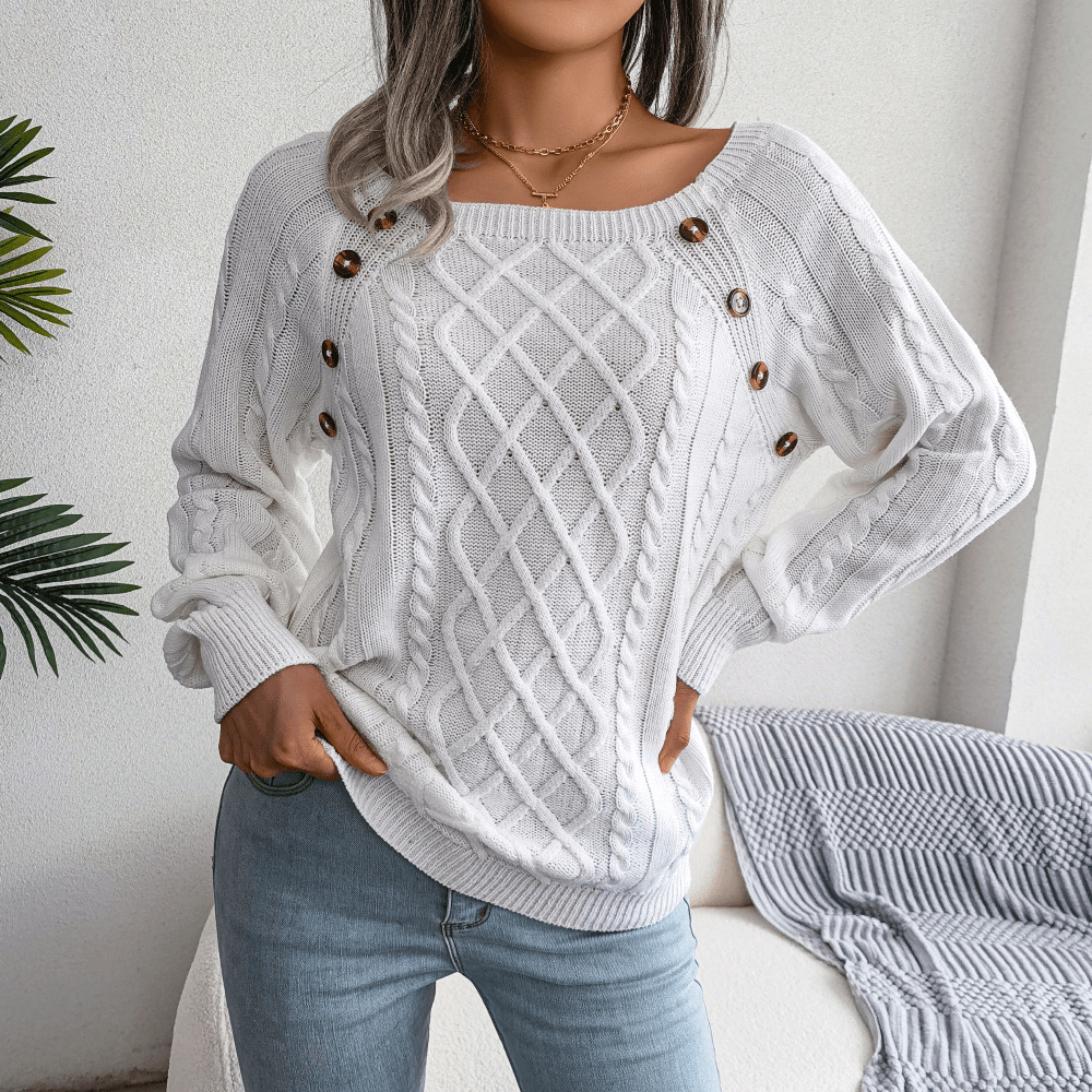 Womens Cable Knit Sweater Wool Blend Button Detail
