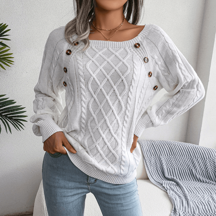 Womens Cable Knit Sweater Wool Blend Button Detail