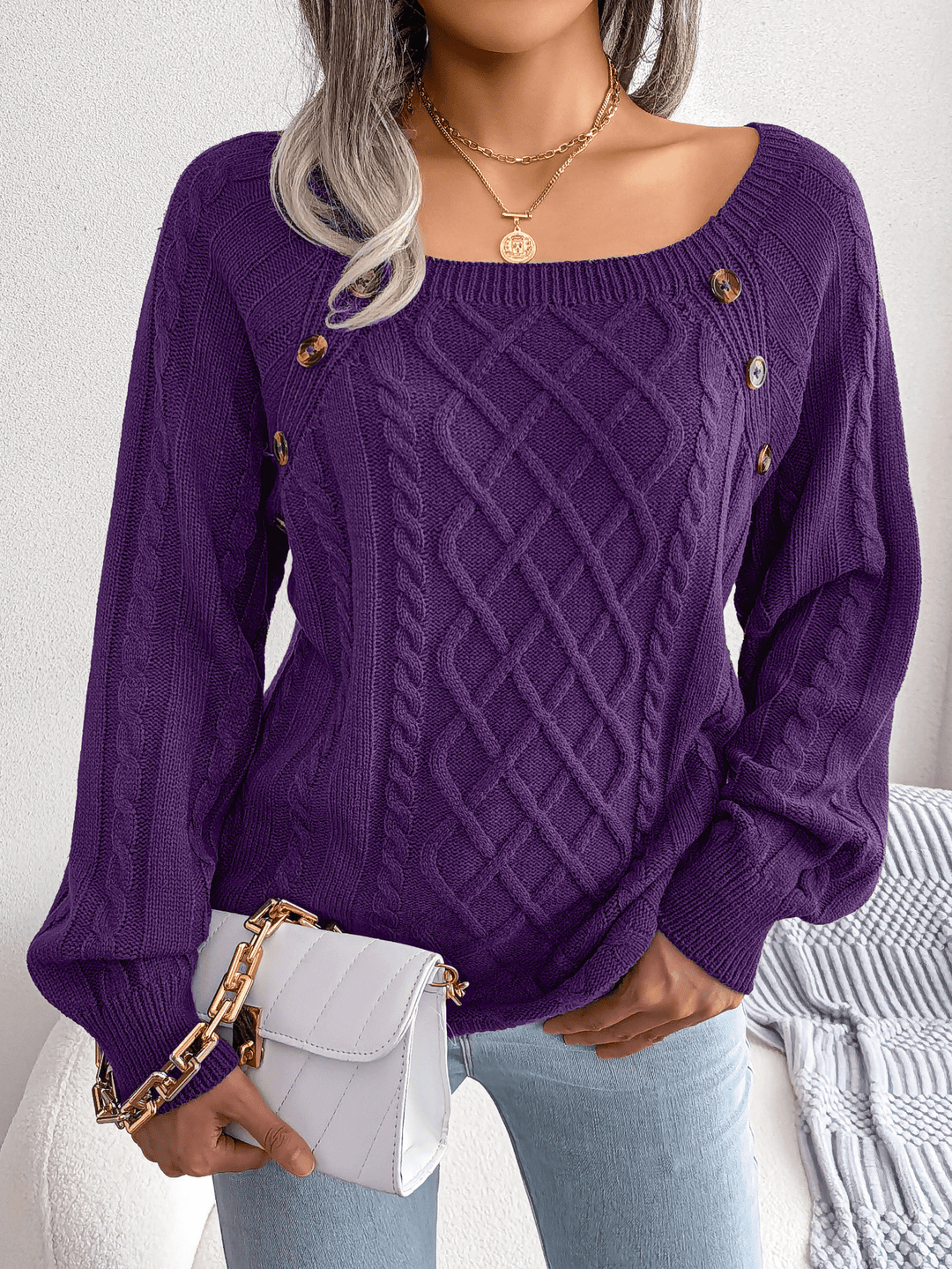 Womens Cable Knit Sweater Wool Blend Button Detail