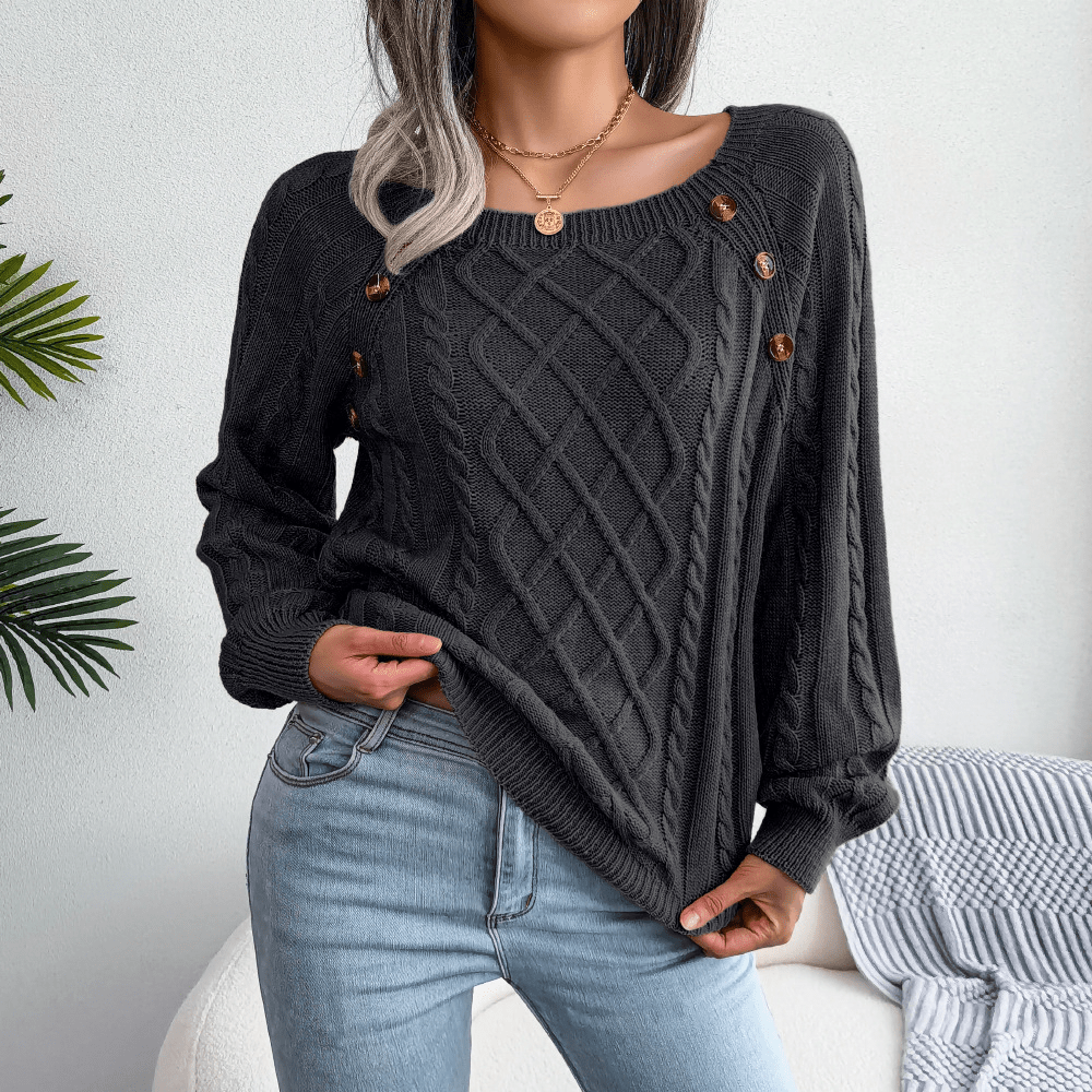 Womens Cable Knit Sweater Wool Blend Button Detail