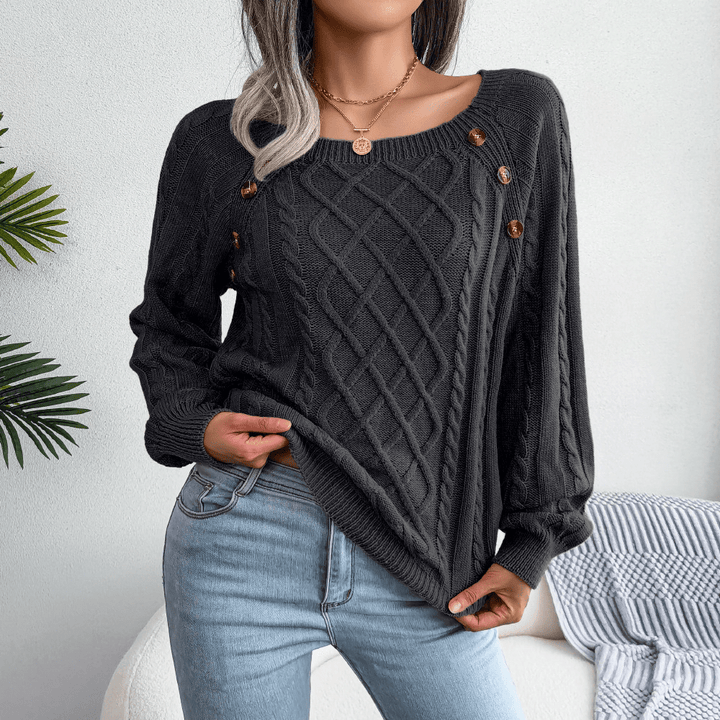 Womens Cable Knit Sweater Wool Blend Button Detail