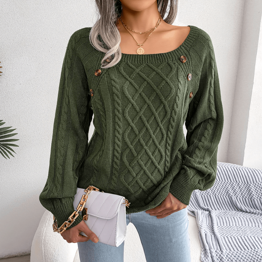 Womens Cable Knit Sweater Wool Blend Button Detail