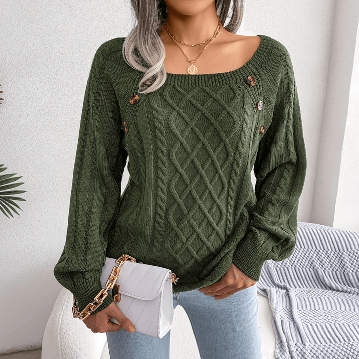 Womens Cable Knit Sweater Wool Blend Button Detail