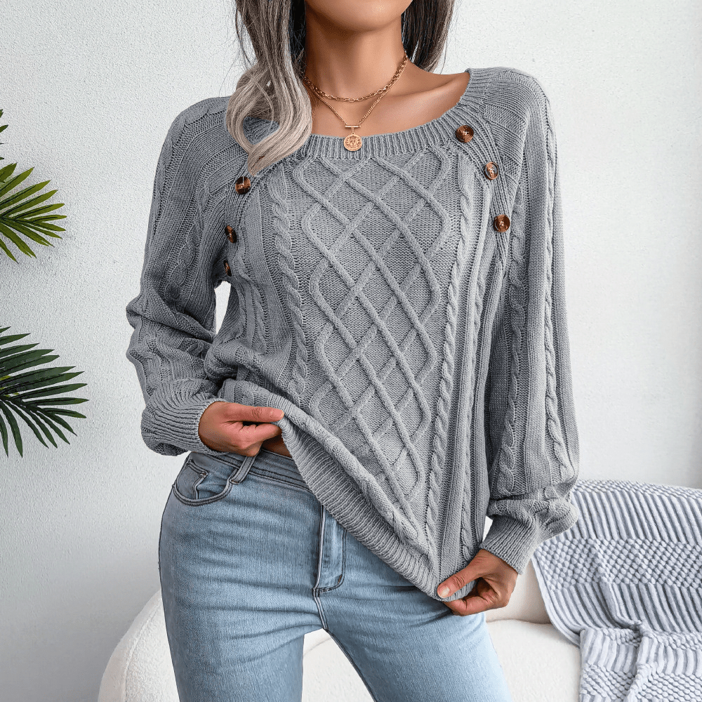 Womens Cable Knit Sweater Wool Blend Button Detail