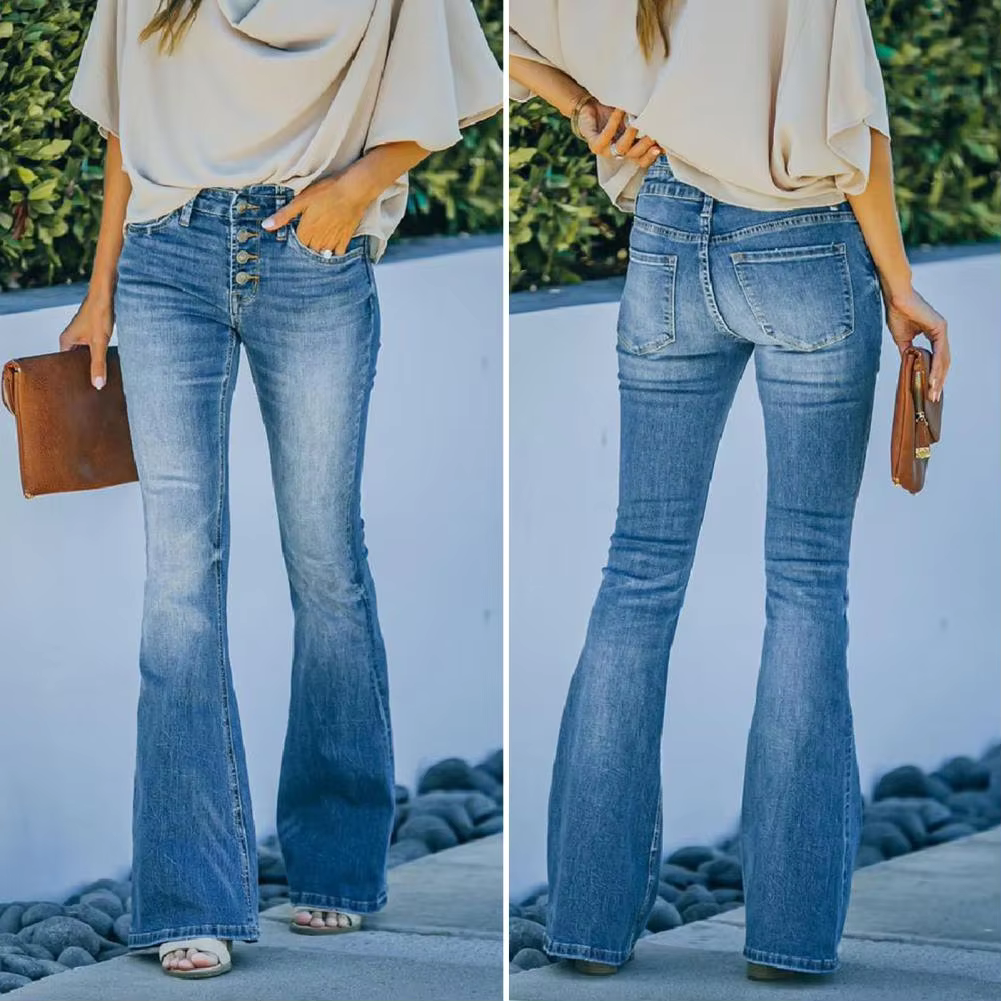 Womens High Waist Flared Jeans with Button Fly Closure