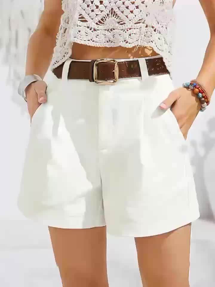 Womens High Waist Pleated Shorts with Belted Waist
