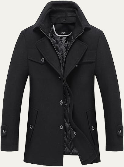 Mens Wool Blend Peacoat Quilted Lining Hidden Bib