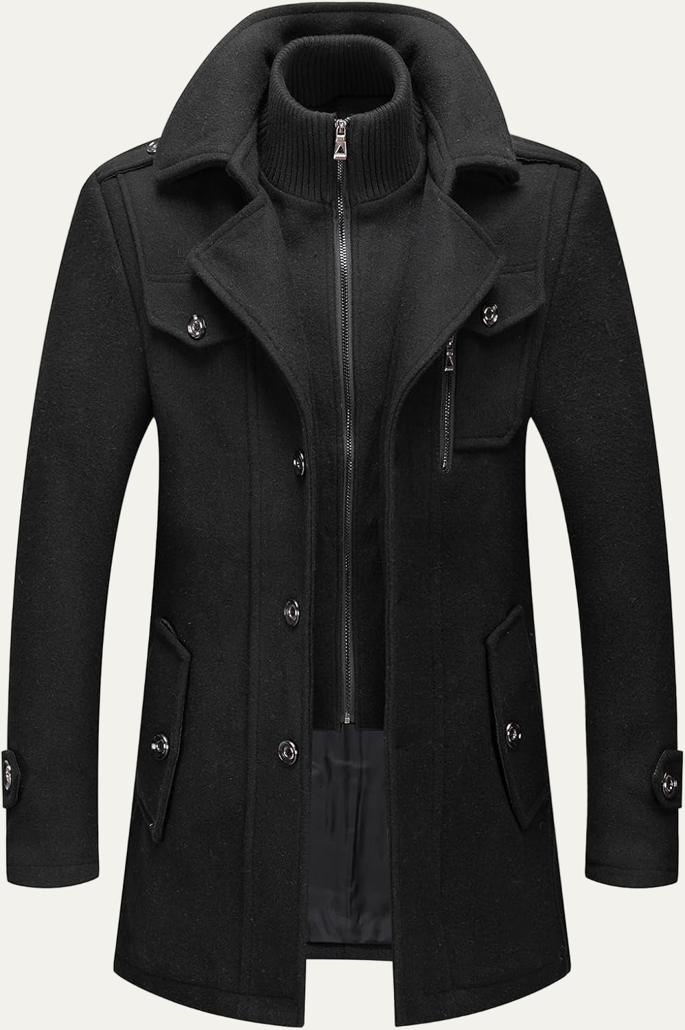 Mens Wool Blend Peacoat Quilted Lining Hidden Bib