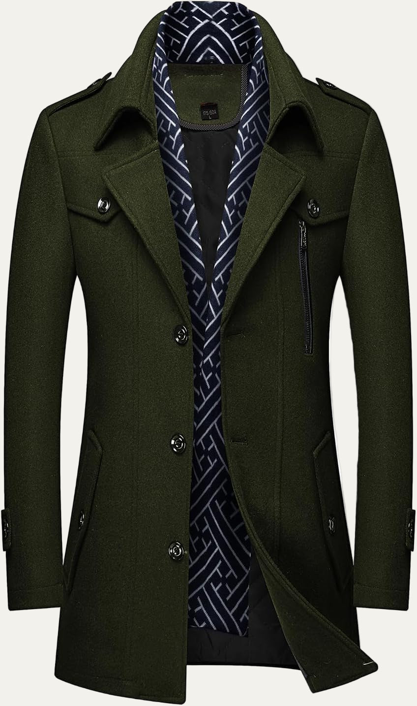 Mens Wool Blend Peacoat Quilted Lining Hidden Bib