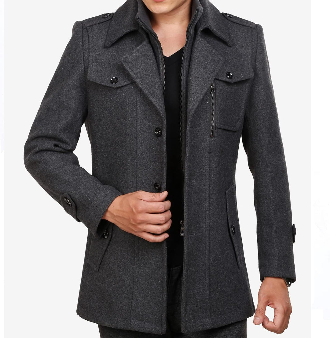 Mens Wool Blend Peacoat Quilted Lining Hidden Bib