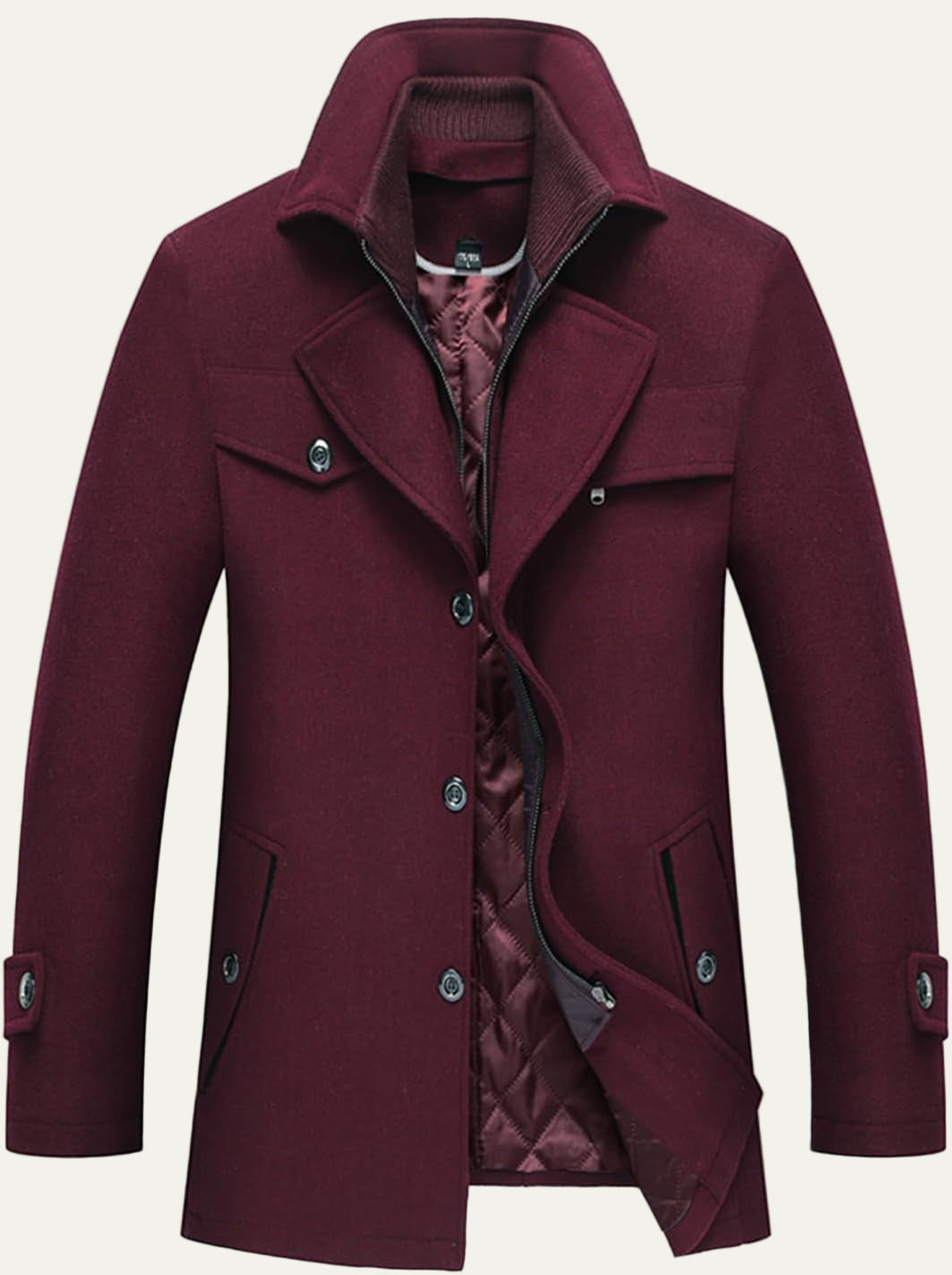 Mens Wool Blend Peacoat Quilted Lining Hidden Bib