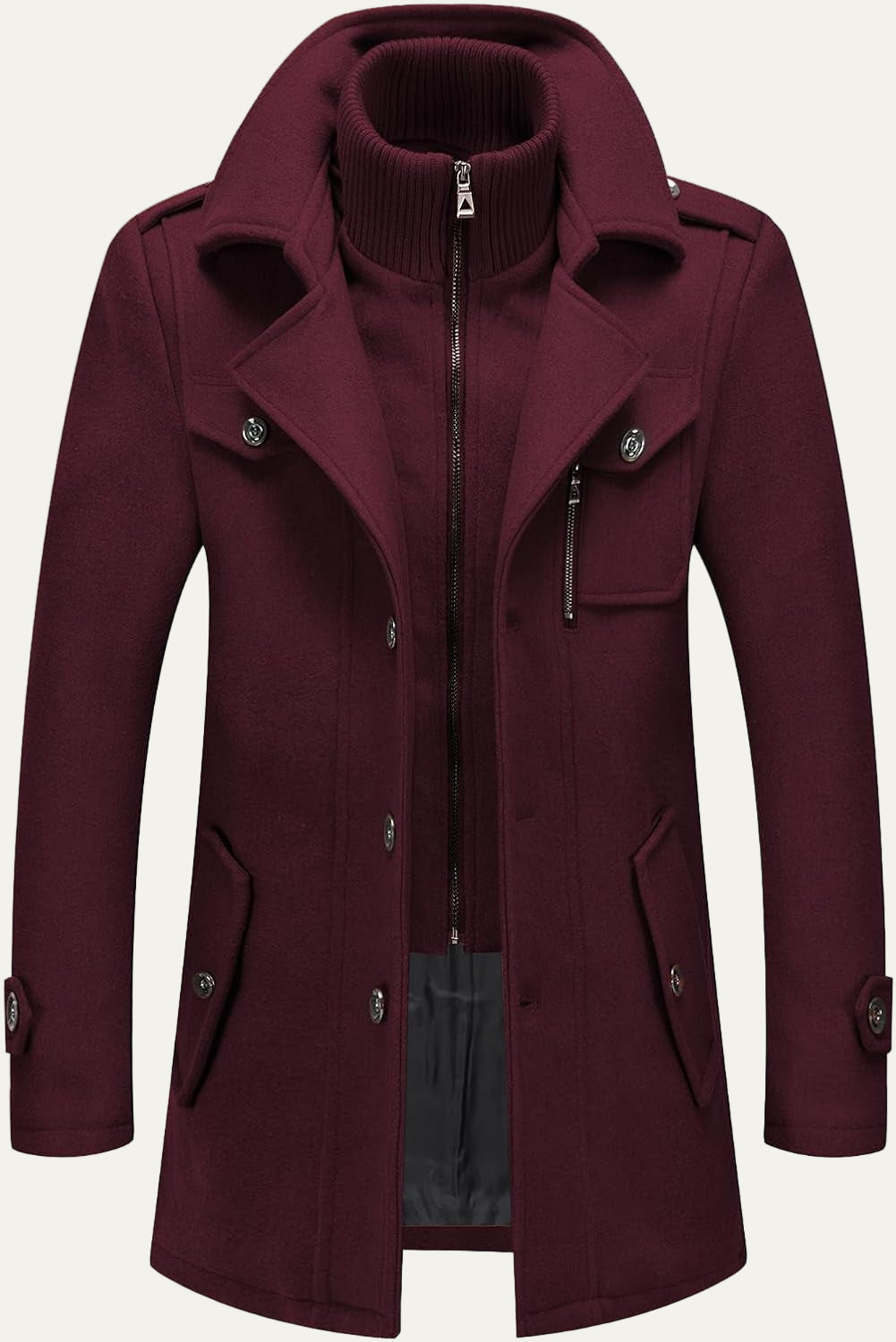 Mens Wool Blend Peacoat Quilted Lining Hidden Bib