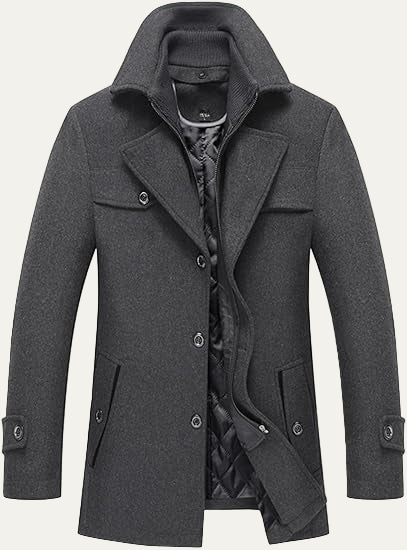 Mens Wool Blend Peacoat Quilted Lining Hidden Bib