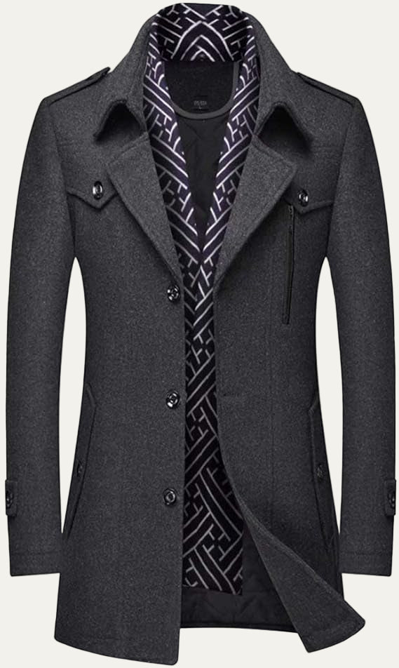 Mens Wool Blend Peacoat Quilted Lining Hidden Bib