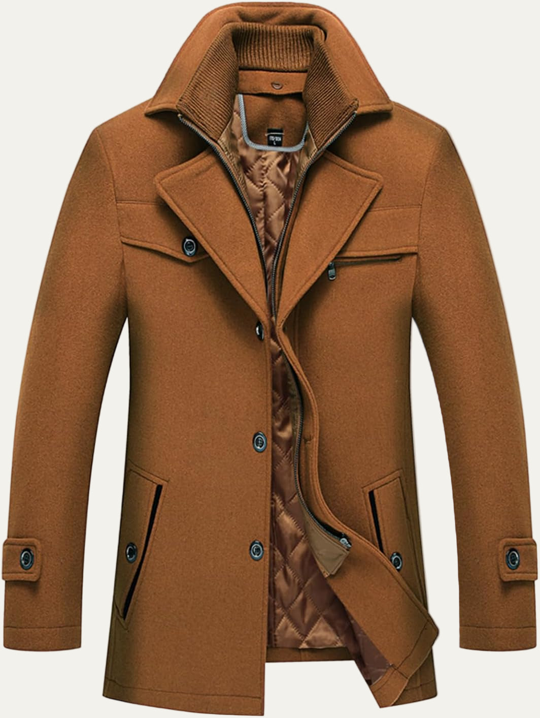 Mens Wool Blend Peacoat Quilted Lining Hidden Bib