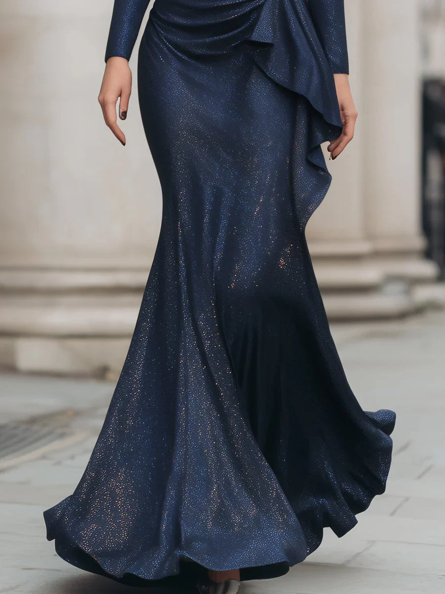 Womens Wrap Maxi Dress with Glitter Long Sleeves and Ruffle