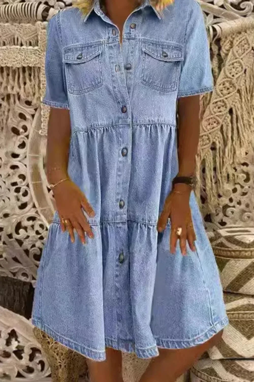 Womens Denim Tiered Mini Dress Button Front - BritishMode