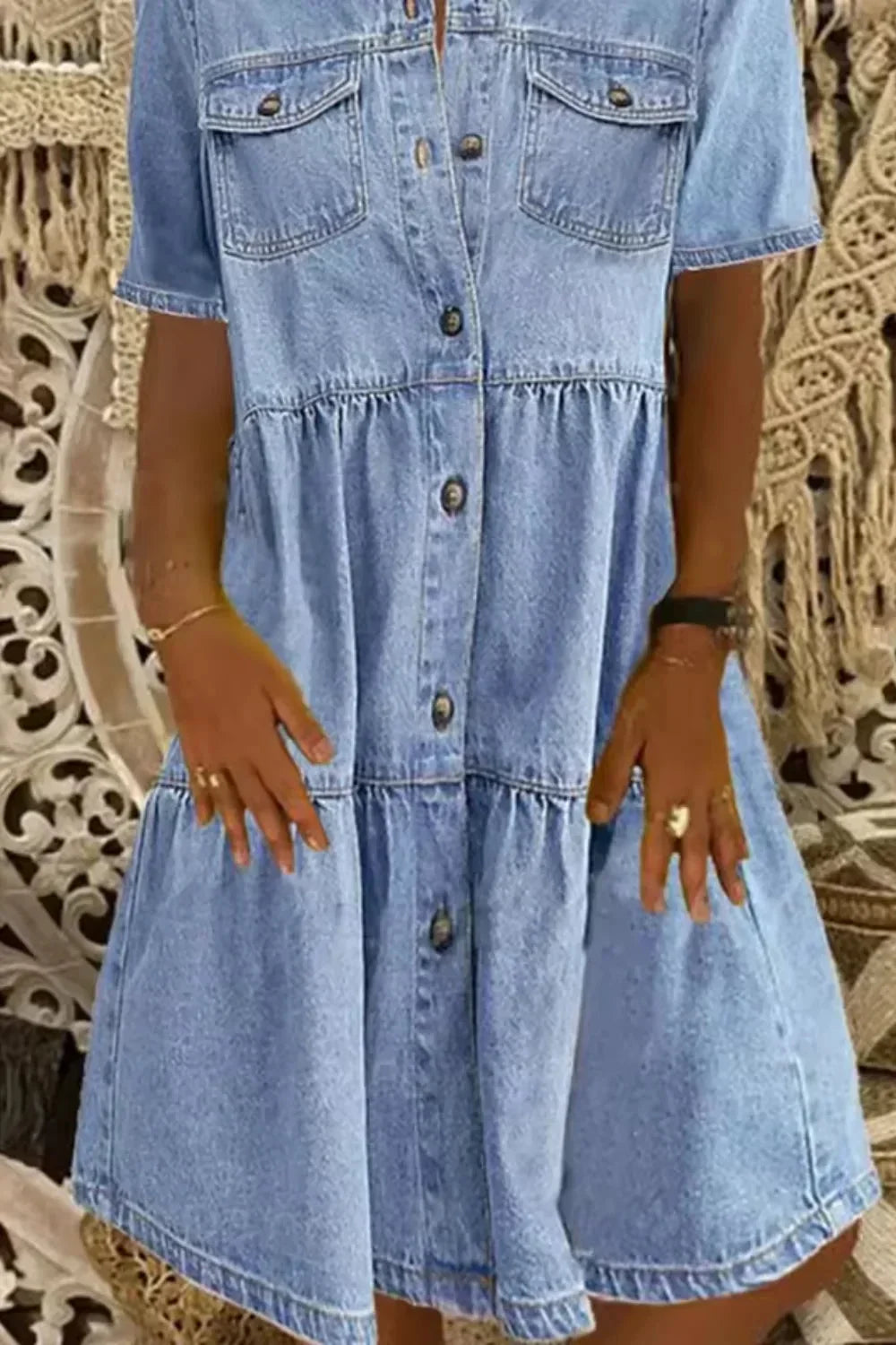 Womens Denim Tiered Mini Dress Button Front