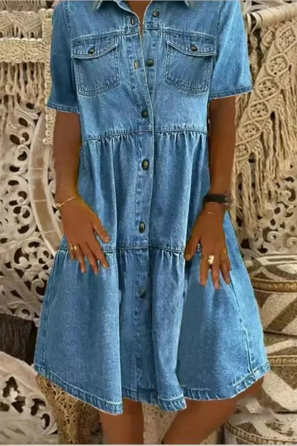 Womens Denim Tiered Mini Dress Button Front