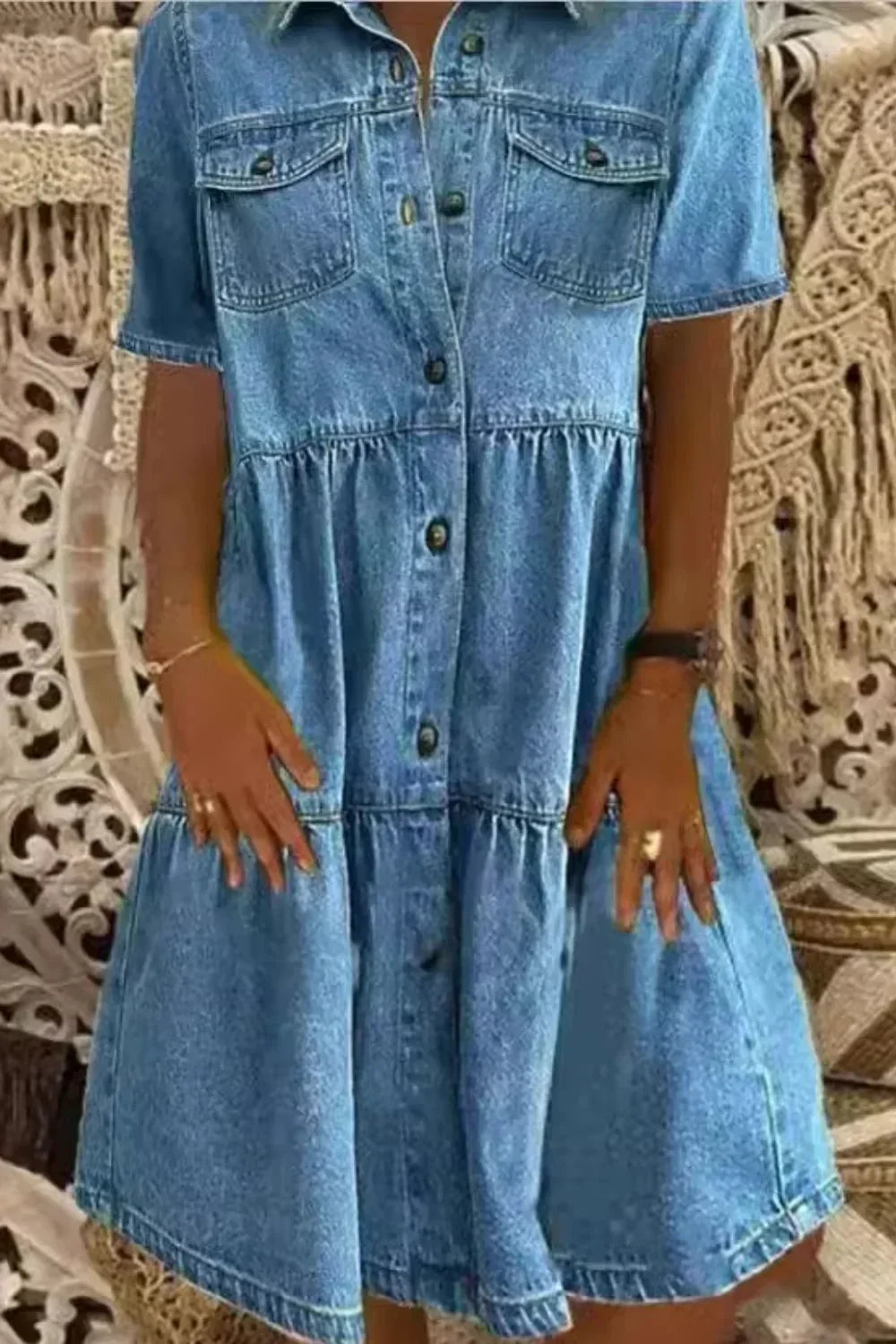 Womens Denim Tiered Mini Dress Button Front