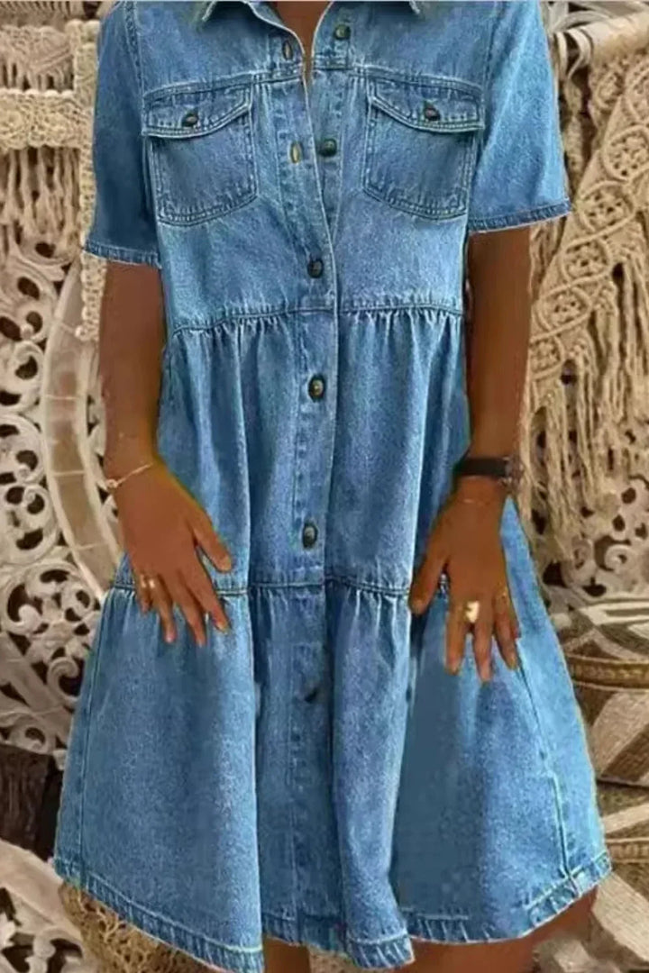 Womens Denim Tiered Mini Dress Button Front