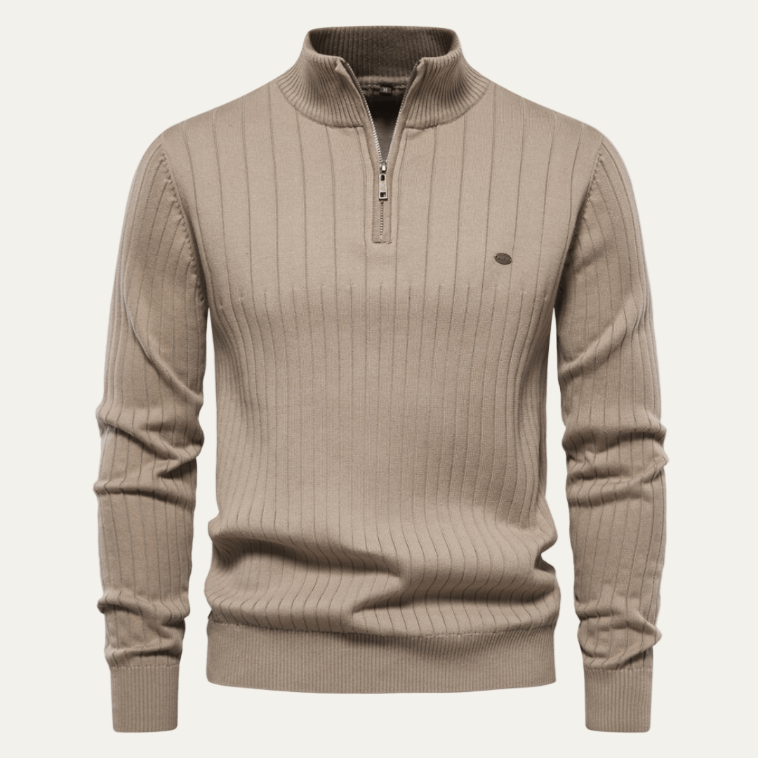 Mens Ribbed Zip Sweater with Stand Collar
