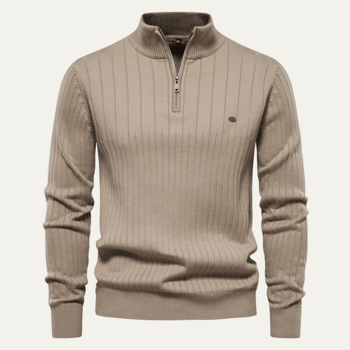 Mens Ribbed Zip Sweater with Stand Collar