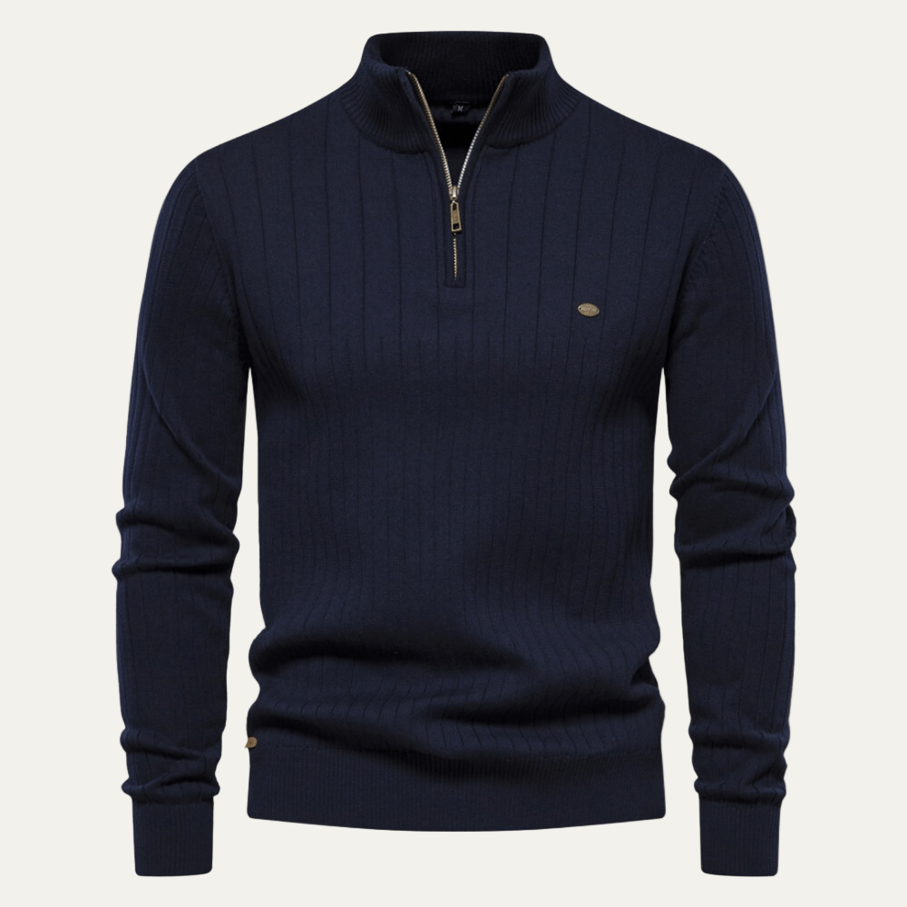 Mens Ribbed Zip Sweater with Stand Collar