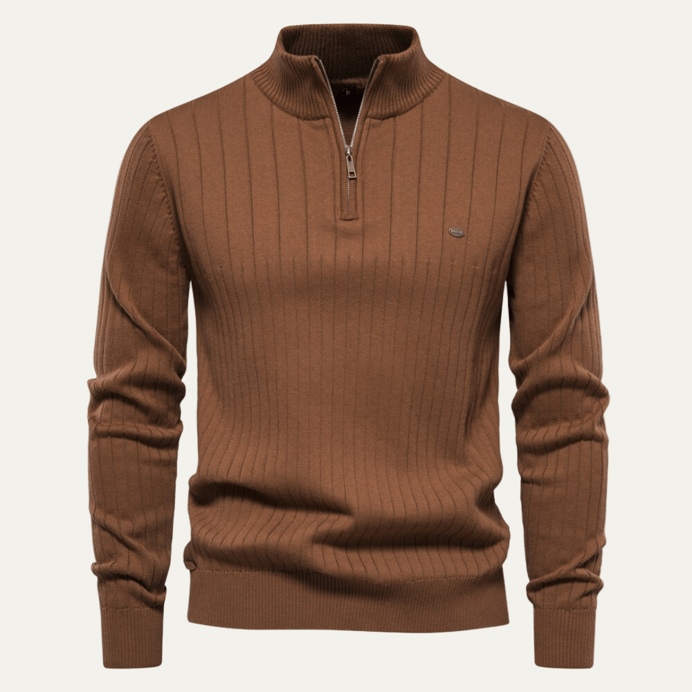 Mens Ribbed Zip Sweater with Stand Collar