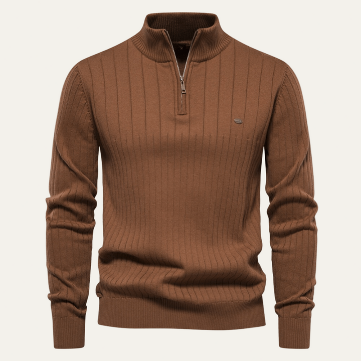 Mens Ribbed Zip Sweater with Stand Collar