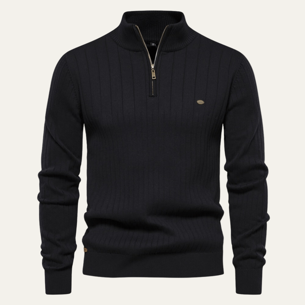 Mens Ribbed Zip Sweater with Stand Collar