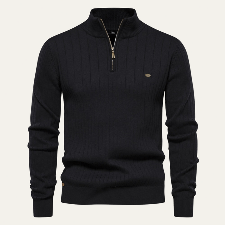 Mens Ribbed Zip Sweater with Stand Collar