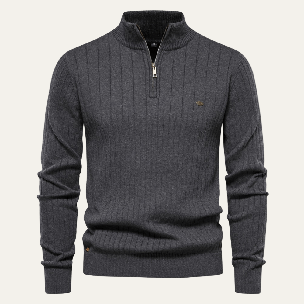 Mens Ribbed Zip Sweater with Stand Collar