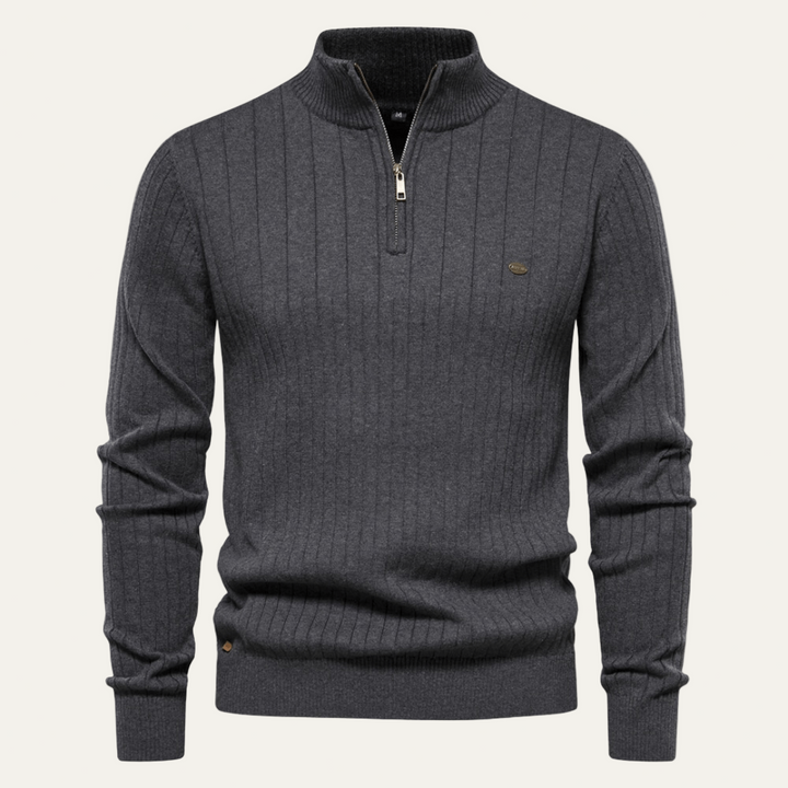 Mens Ribbed Zip Sweater with Stand Collar
