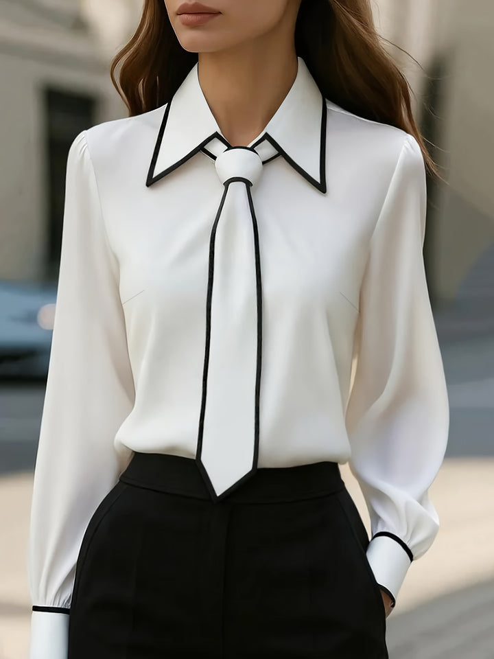 Womens Long Sleeve Blouse with Tie Neck and Contrast Collar - BritishMode