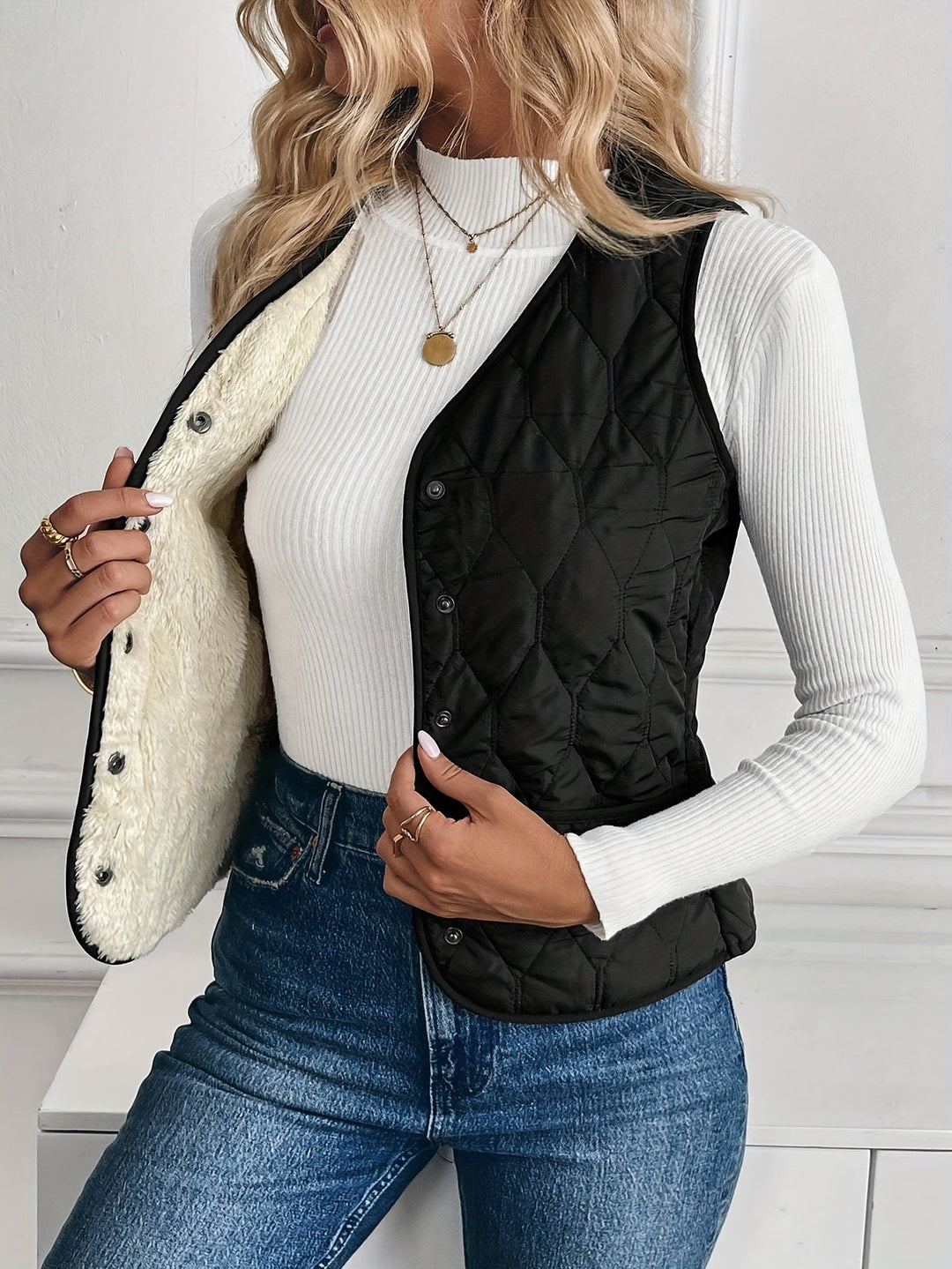 Womens Reversible Quilted Vest Sherpa Lined Lightweight Fit
