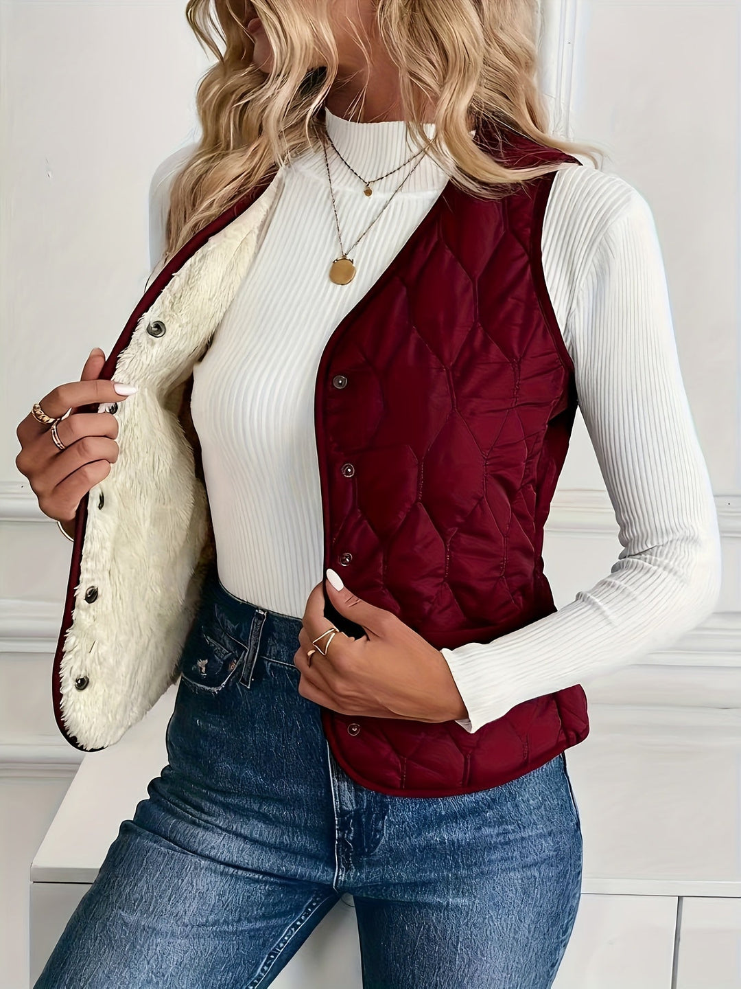 Womens Reversible Quilted Vest Sherpa Lined Lightweight Fit
