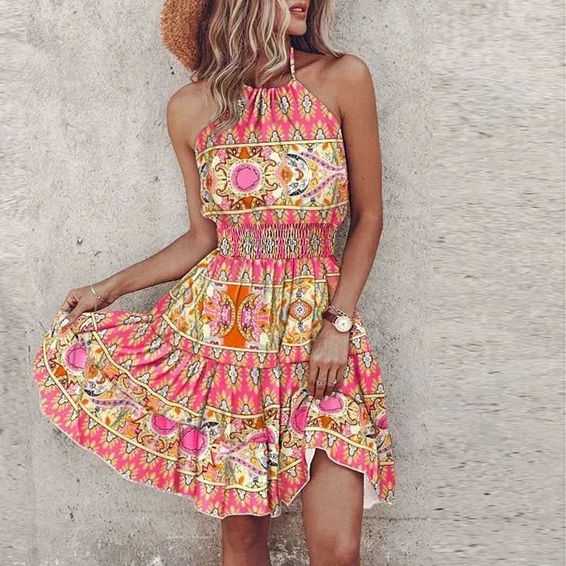 Womens Mini Dress Smocked Halter Neck Boho Waist Detail - BritishMode