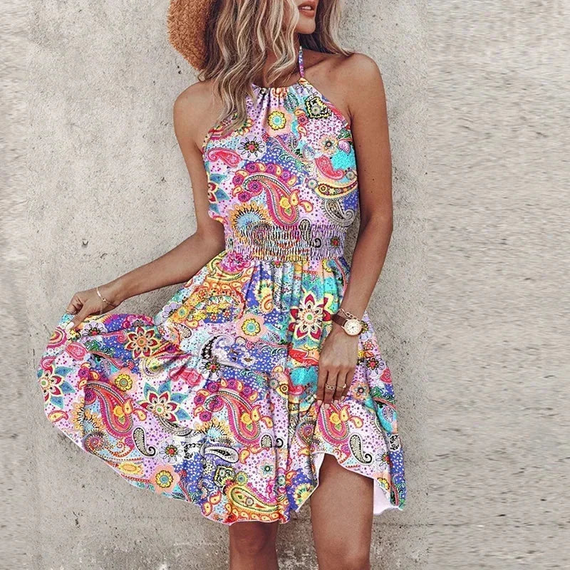 Womens Mini Dress Smocked Halter Neck Boho Waist Detail