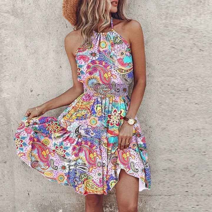 Womens Mini Dress Smocked Halter Neck Boho Waist Detail