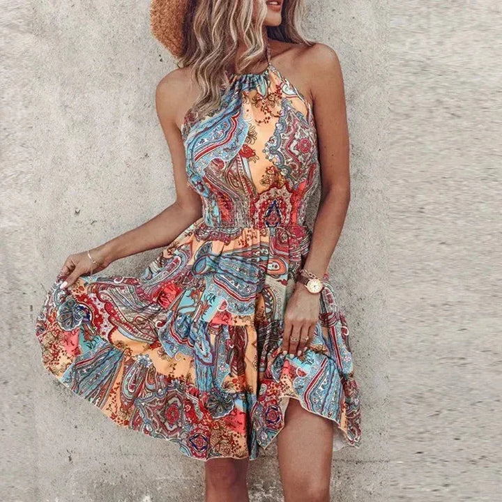 Womens Mini Dress Smocked Halter Neck Boho Waist Detail