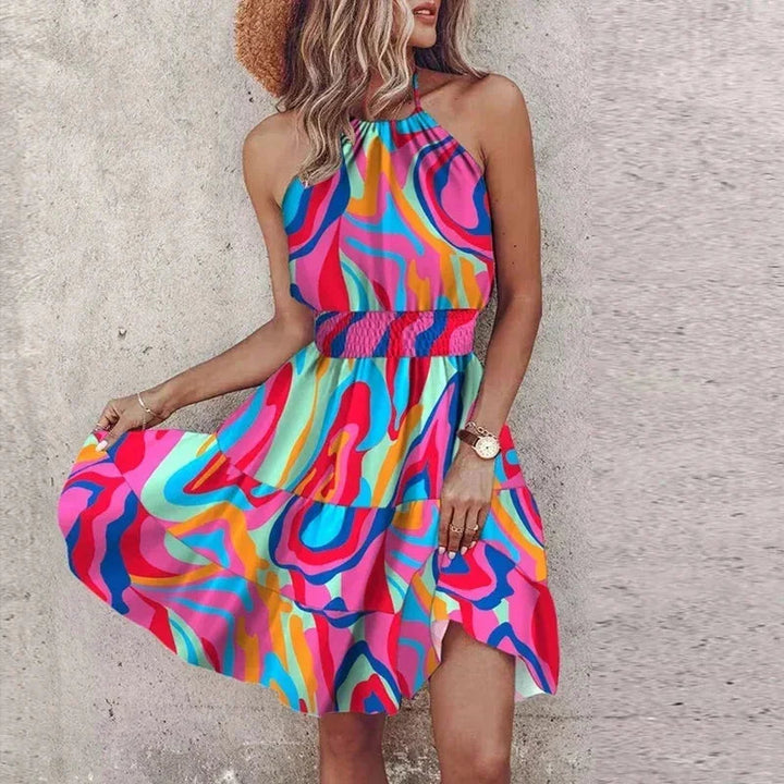 Womens Mini Dress Smocked Halter Neck Boho Waist Detail