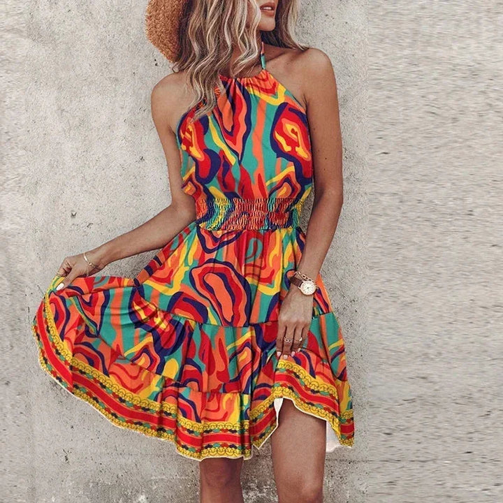 Womens Mini Dress Smocked Halter Neck Boho Waist Detail