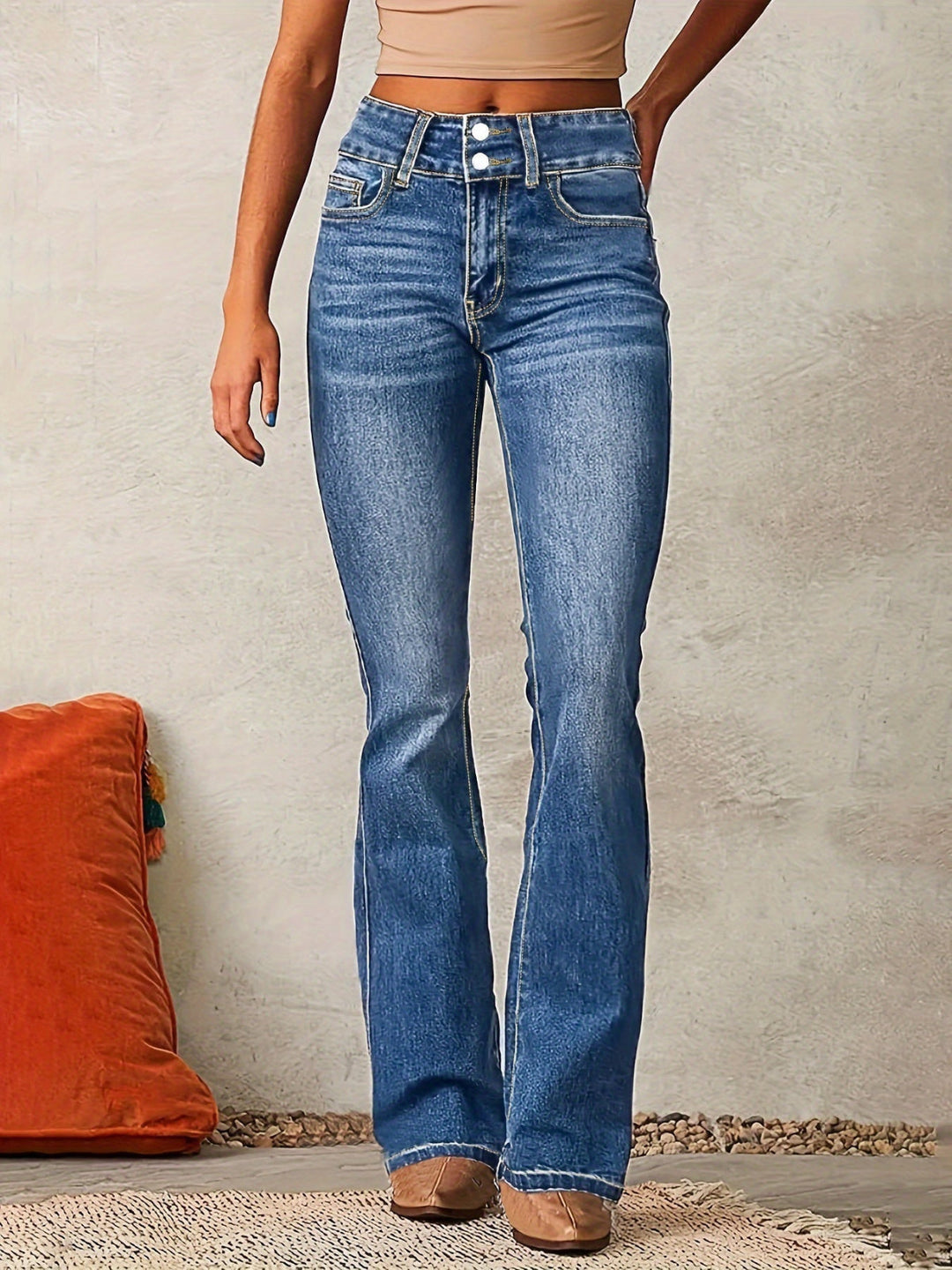 Womens High-Waisted Flared Denim Jeans Stretch Fit - BritishMode